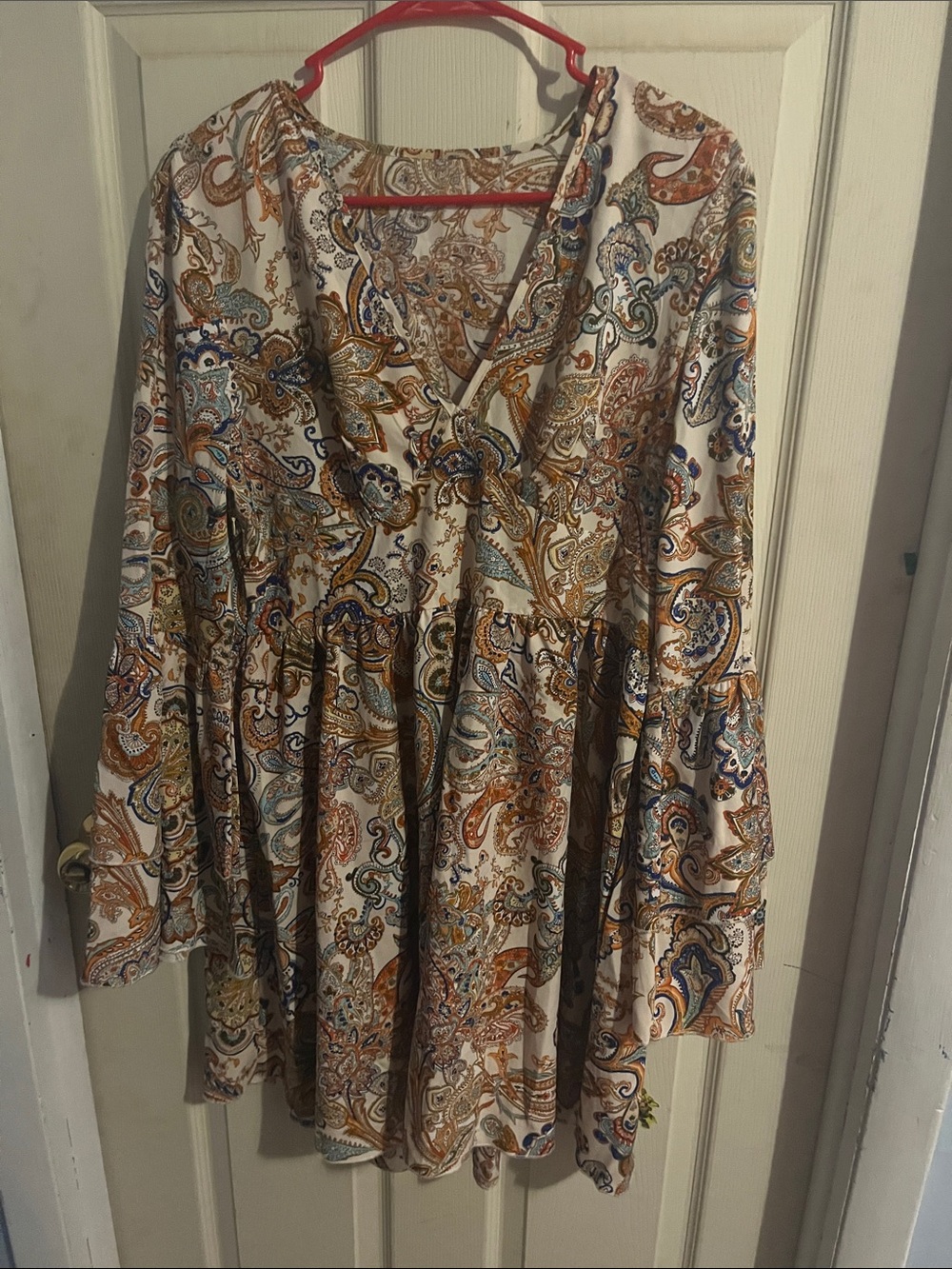 Paisley V-Neck Long Sleeve Dress in Cream and Mustard